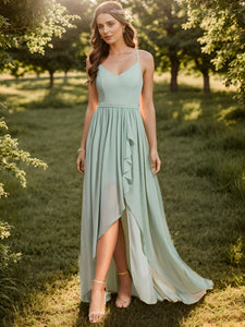 Color=Mint Green | Spaghetti Straps Slit A-Line Wholesale Chiffon Bridesmaid Dress With Ruffle Detail-Mint Green 1