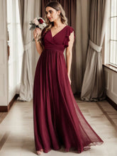 Load image into Gallery viewer, Color=Burgundy | V Neck Pleated Belted Ruffles Wholesale Bridesmaid Dresses-Burgundy 1