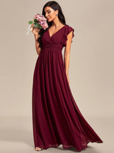 Load image into Gallery viewer, Color=Burgundy | V Neck Pleated Belted Ruffles Wholesale Bridesmaid Dresses-Burgundy 1