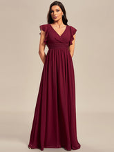 Load image into Gallery viewer, Color=Burgundy | V Neck Pleated Belted Ruffles Wholesale Bridesmaid Dresses-Burgundy 1