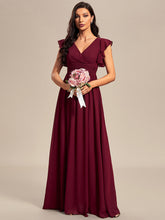 Load image into Gallery viewer, Color=Burgundy | V Neck Pleated Belted Ruffles Wholesale Bridesmaid Dresses-Burgundy 1