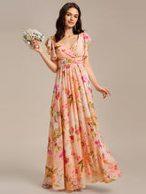 Load image into Gallery viewer, Color=Peach Fuzz | V Neck Pleated Belted Ruffles Wholesale Bridesmaid Dresses-Peach Fuzz 53