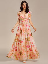 Load image into Gallery viewer, Color=Peach Fuzz | V Neck Pleated Belted Ruffles Wholesale Bridesmaid Dresses-Peach Fuzz 54