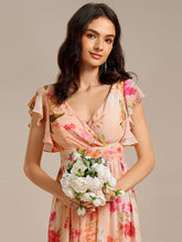 Load image into Gallery viewer, Color=Peach Fuzz | V Neck Pleated Belted Ruffles Wholesale Bridesmaid Dresses-Peach Fuzz 52