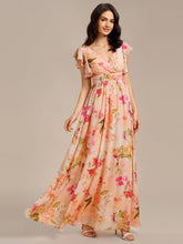 Load image into Gallery viewer, Color=Peach Fuzz | V Neck Pleated Belted Ruffles Wholesale Bridesmaid Dresses-Peach Fuzz 50