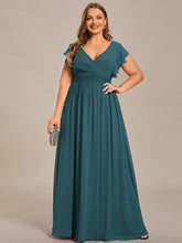 Load image into Gallery viewer, Color=Teal | B2B-Exclusive Short Sleeve Ruffle Pleated V-Neck Backless A-Line Floor Length Bridesmaid Dresses-Teal 6
