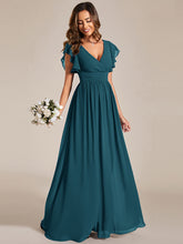 Load image into Gallery viewer, Color=Teal | B2B-Exclusive Short Sleeve Ruffle Pleated V-Neck Backless A-Line Floor Length Bridesmaid Dresses-Teal 4