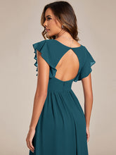Load image into Gallery viewer, Color=Teal | B2B-Exclusive Short Sleeve Ruffle Pleated V-Neck Backless A-Line Floor Length Bridesmaid Dresses-Teal 3