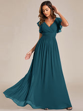 Load image into Gallery viewer, Color=Teal | B2B-Exclusive Short Sleeve Ruffle Pleated V-Neck Backless A-Line Floor Length Bridesmaid Dresses-Teal 1