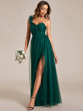 Load image into Gallery viewer, Backless One Shoulder Pleated Split Tulle Wholesale Bridesmaid Dresses#Color_Dark Green