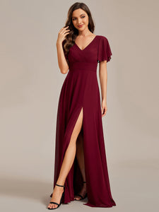 Hollow Embroidery Back Side Split Maxi Wholesale Bridesmaid Dresses#Color_Burgundy