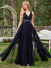 Load image into Gallery viewer, Color=Black | Backless V Neck Appliques Mesh Wholesale Bridesmaid Dresses 3