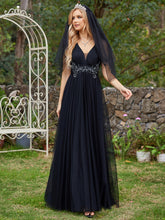 Load image into Gallery viewer, Color=Black | Backless V Neck Appliques Mesh Wholesale Bridesmaid Dresses 4
