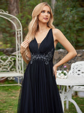 Load image into Gallery viewer, Color=Black | Backless V Neck Appliques Mesh Wholesale Bridesmaid Dresses 5