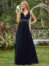 Load image into Gallery viewer, Color=Black | Backless V Neck Appliques Mesh Wholesale Bridesmaid Dresses 1