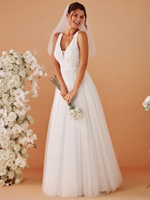 Load image into Gallery viewer, Color=White | Backless V Neck Appliques Mesh Wholesale Bridesmaid Dresses 4