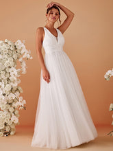 Load image into Gallery viewer, Color=White | Backless V Neck Appliques Mesh Wholesale Bridesmaid Dresses 5