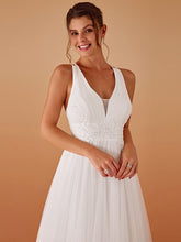 Load image into Gallery viewer, Color=White | Backless V Neck Appliques Mesh Wholesale Bridesmaid Dresses 6