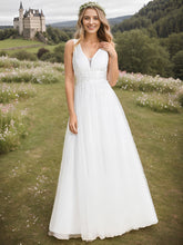 Load image into Gallery viewer, Color=White | Backless V Neck Appliques Mesh Wholesale Bridesmaid Dresses 8