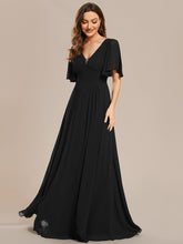 Load image into Gallery viewer, Color=Black | Chiffion Empire Waist Floor Length V Neck Wholesale Evening Dress with Short Sleeves-Black 2