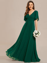 Load image into Gallery viewer, Color=Dark Green | Chiffion Empire Waist Floor Length V Neck Wholesale Evening Dress with Short Sleeves-Dark Green 