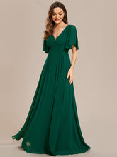 Load image into Gallery viewer, Color=Dark Green | Chiffion Empire Waist Floor Length V Neck Wholesale Evening Dress with Short Sleeves-Dark Green 