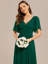 Load image into Gallery viewer, Color=Dark Green | Chiffion Empire Waist Floor Length V Neck Wholesale Evening Dress with Short Sleeves-Dark Green 