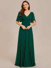 Load image into Gallery viewer, Color=Dark Green | Chiffion Empire Waist Floor Length V Neck Wholesale Evening Dress with Short Sleeves-Dark Green 