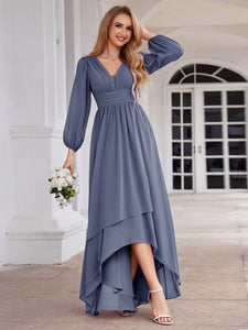 Color=Dusty Navy | Maxi Long Chiffon Wholesale Evening Dresses With Long Sleeves-Dusty Navy 22