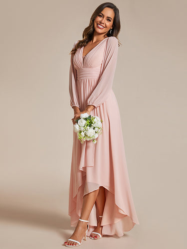 Color=Pink | Maxi Long Chiffon Wholesale Evening Dresses With Long Sleeves-Pink 1