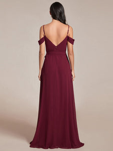 Color=Burgundy | Chiffon Cold Shoulder Bowknot Bridesmaid Dress With Side Split-Burgundy 4