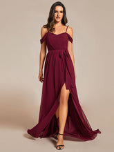 Load image into Gallery viewer, Color=Burgundy | Chiffon Cold Shoulder Bowknot Bridesmaid Dress With Side Split-Burgundy 1