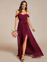 Load image into Gallery viewer, Color=Burgundy | Chiffon Cold Shoulder Bowknot Bridesmaid Dress With Side Split-Burgundy 2