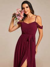 Load image into Gallery viewer, Color=Burgundy | Chiffon Cold Shoulder Bowknot Bridesmaid Dress With Side Split-Burgundy 3