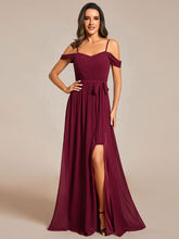 Load image into Gallery viewer, Color=Burgundy | Chiffon Cold Shoulder Bowknot Bridesmaid Dress With Side Split-Burgundy 5