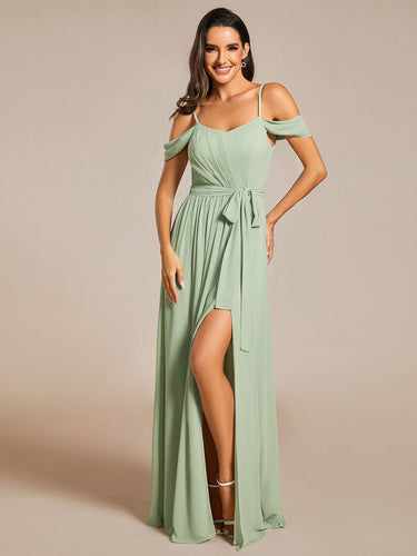 Color=Mint Green | Chiffon Cold Shoulder Bowknot Bridesmaid Dress With Side Split-Mint Green 9