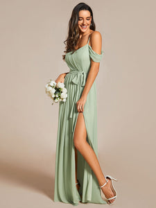 Color=Mint Green | Chiffon Cold Shoulder Bowknot Bridesmaid Dress With Side Split-Mint Green 8