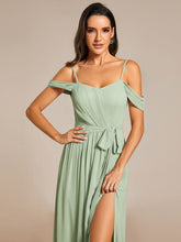 Load image into Gallery viewer, Color=Mint Green | Chiffon Cold Shoulder Bowknot Bridesmaid Dress With Side Split-Mint Green 12
