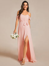 Load image into Gallery viewer, Color=Pink | Chiffon Cold Shoulder Bowknot Bridesmaid Dress With Side Split-Pink 15