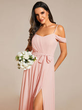Load image into Gallery viewer, Color=Pink | Chiffon Cold Shoulder Bowknot Bridesmaid Dress With Side Split-Pink 