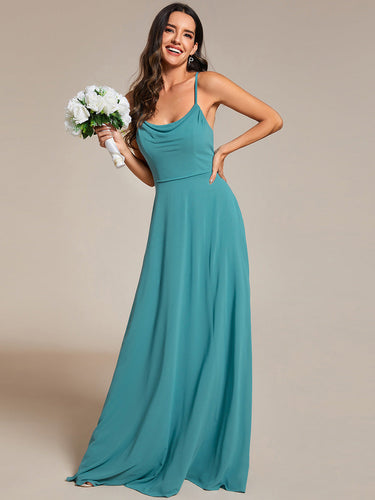 Color=Dusty blue | Spaghetti Straps Draped Collar Floor Length Bridesmaid Dress -Dusty blue 1