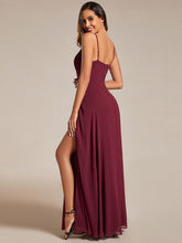 Load image into Gallery viewer, Color=Burgundy | Chiffon Spaghetti Strap Bridesmaid Dress with High Split-Burgundy 4