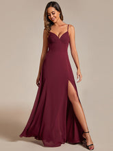 Load image into Gallery viewer, Color=Burgundy | Chiffon Spaghetti Strap Bridesmaid Dress with High Split-Burgundy 3