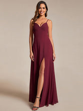 Load image into Gallery viewer, Color=Burgundy | Chiffon Spaghetti Strap Bridesmaid Dress with High Split-Burgundy 1