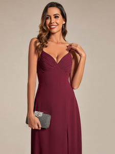 Color=Burgundy | Chiffon Spaghetti Strap Bridesmaid Dress with High Split-Burgundy 2