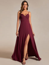 Load image into Gallery viewer, Color=Burgundy | Chiffon Spaghetti Strap Bridesmaid Dress with High Split-Burgundy 5