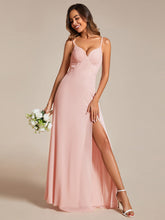 Load image into Gallery viewer, Color=Pink | Chiffon Spaghetti Strap Bridesmaid Dress with High Split-Pink 8
