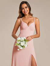Load image into Gallery viewer, Color=Pink | Chiffon Spaghetti Strap Bridesmaid Dress with High Split-Pink 9