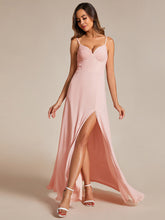 Load image into Gallery viewer, Color=Pink | Chiffon Spaghetti Strap Bridesmaid Dress with High Split-Pink 