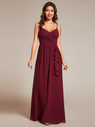 Maxi V-Neck Lotus Leaf Chiffon Bridesmaid Dress with Pleating #color_Burgundy